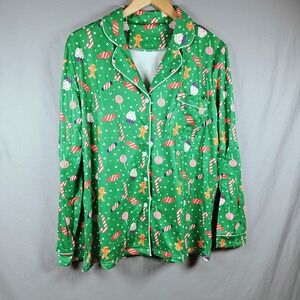 Green Christmas Pajamas Gingerbread Candy Cane Print Long Sleeve Pants Set